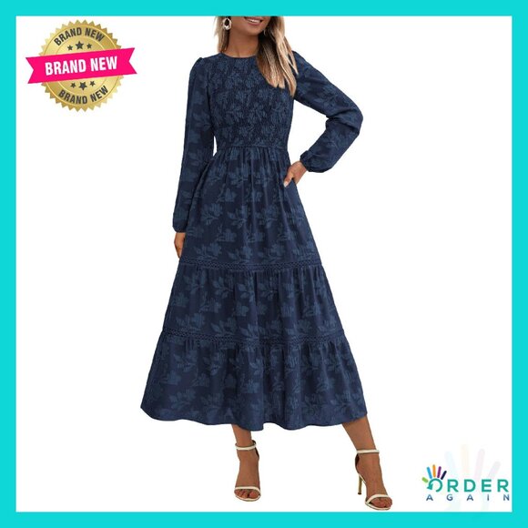 Long Sleeve Midi Dress Elegant Boho Flowy Smocked Wedding Guest Fall